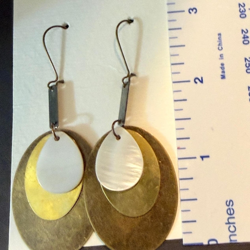Mixed Metal‎ Mother of Pearl, brass, Copper Drop Earrings Stephanie Aune Artist